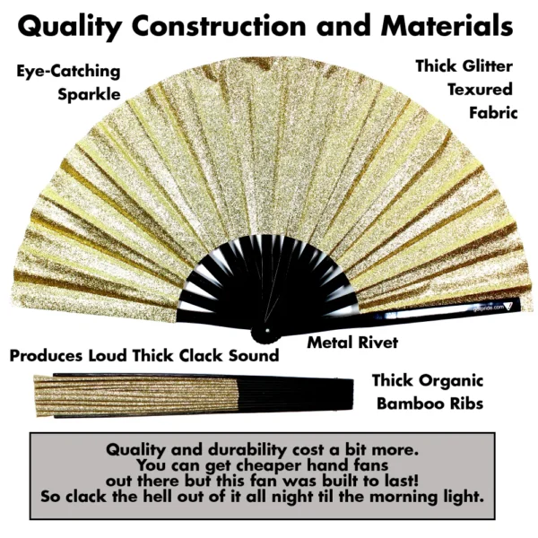 Sparkling Premium Glitter Large Bamboo Folding Hand Fan for Line Dancing, EDM, Raves, Nightclubs - GOLD